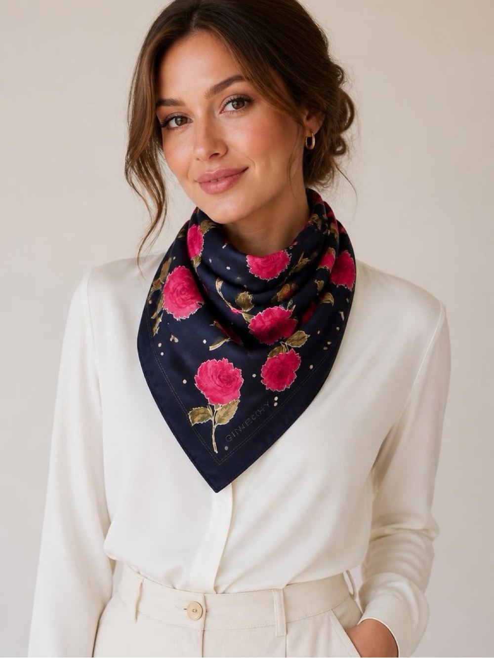 Givenchy Navy Silk Scarf with Pink Rose Motif